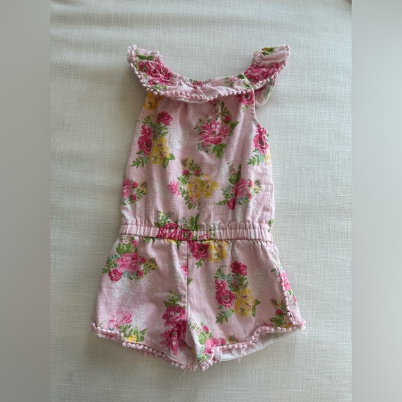 4T GIRLS PINK LINEN FLORAL ROMPER - Picture 4 of 7